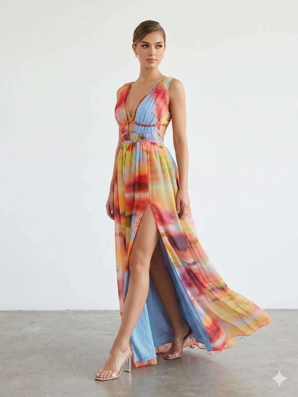 Bella Barnett Tie Dye Chiffon Maxi Dress Rhinestone V-Neck Multicolor Size Small